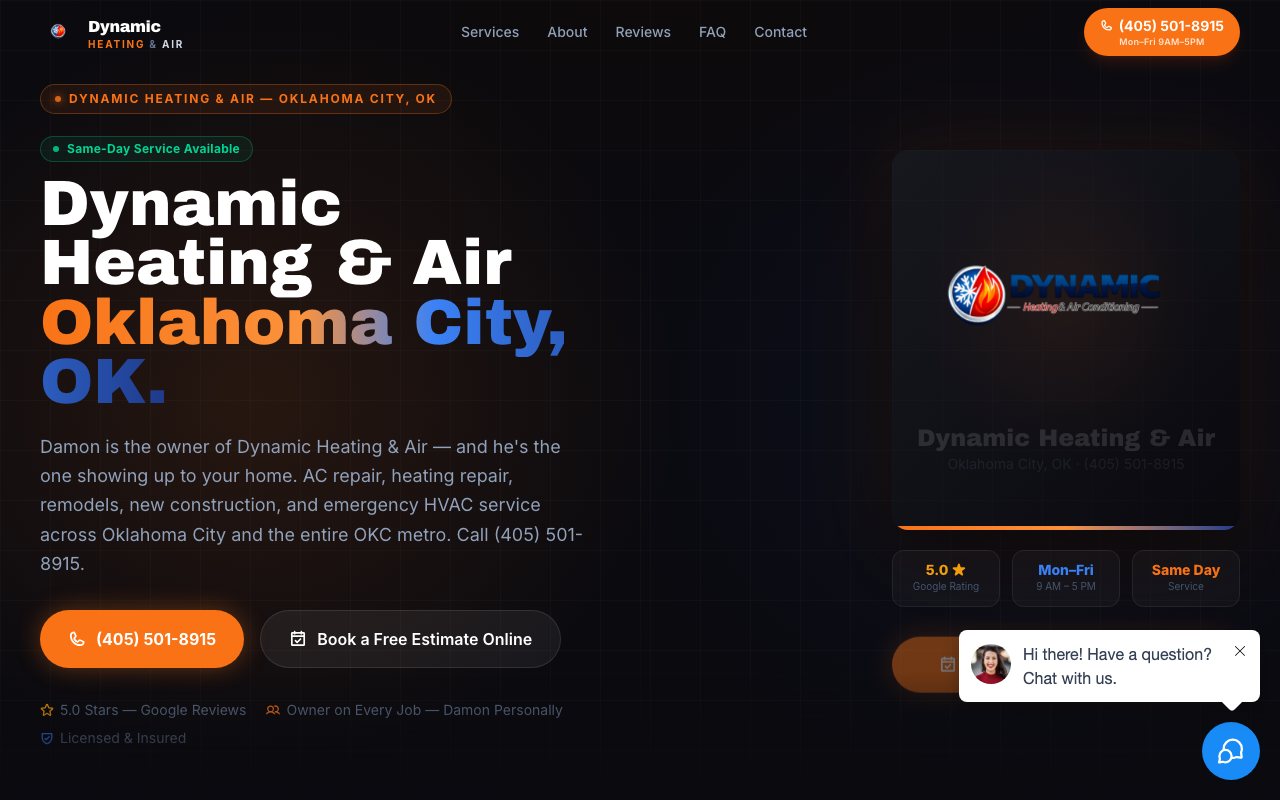Homepage of the Dynamic Heating & Air website