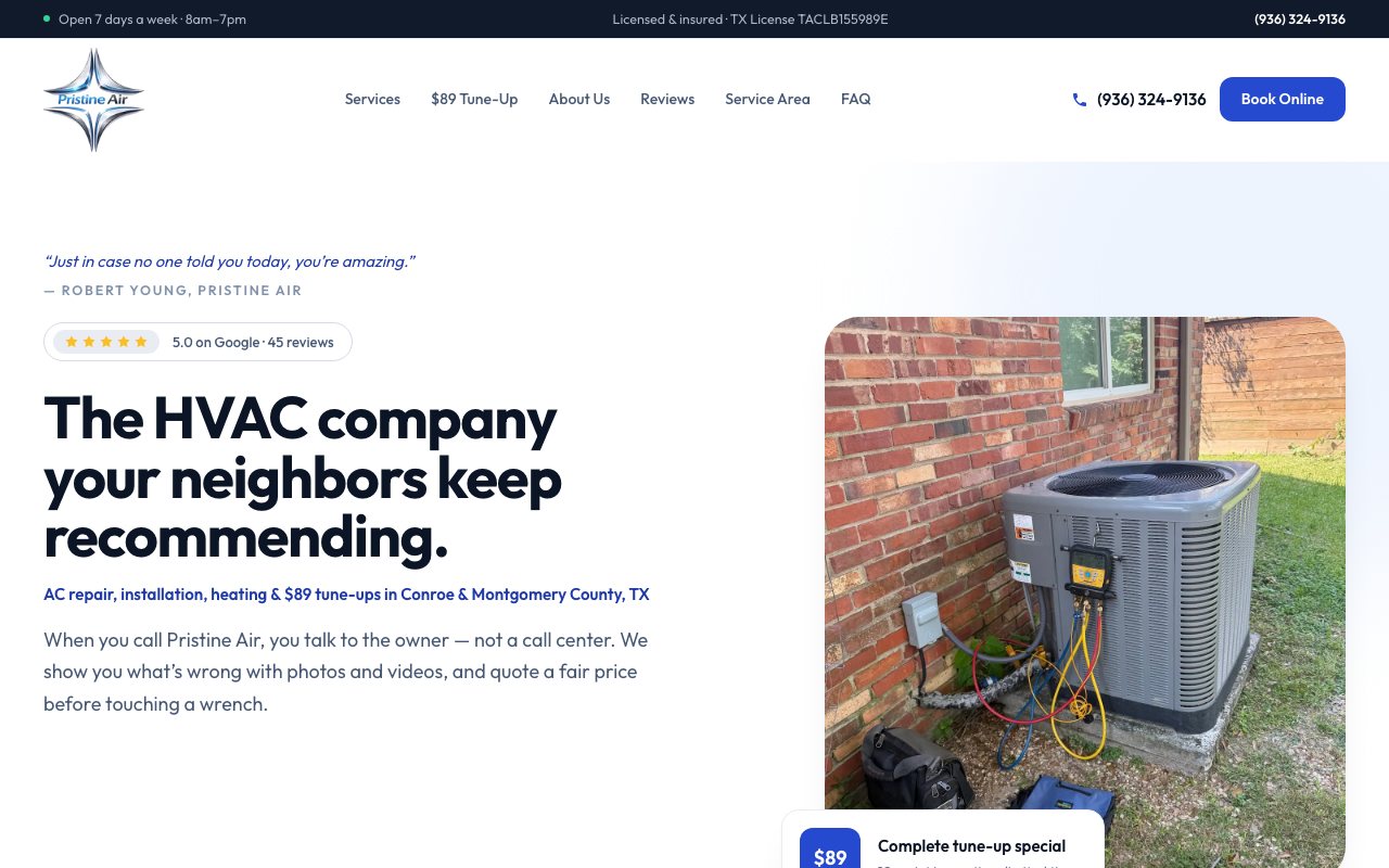 Homepage of the Pristine Air website
