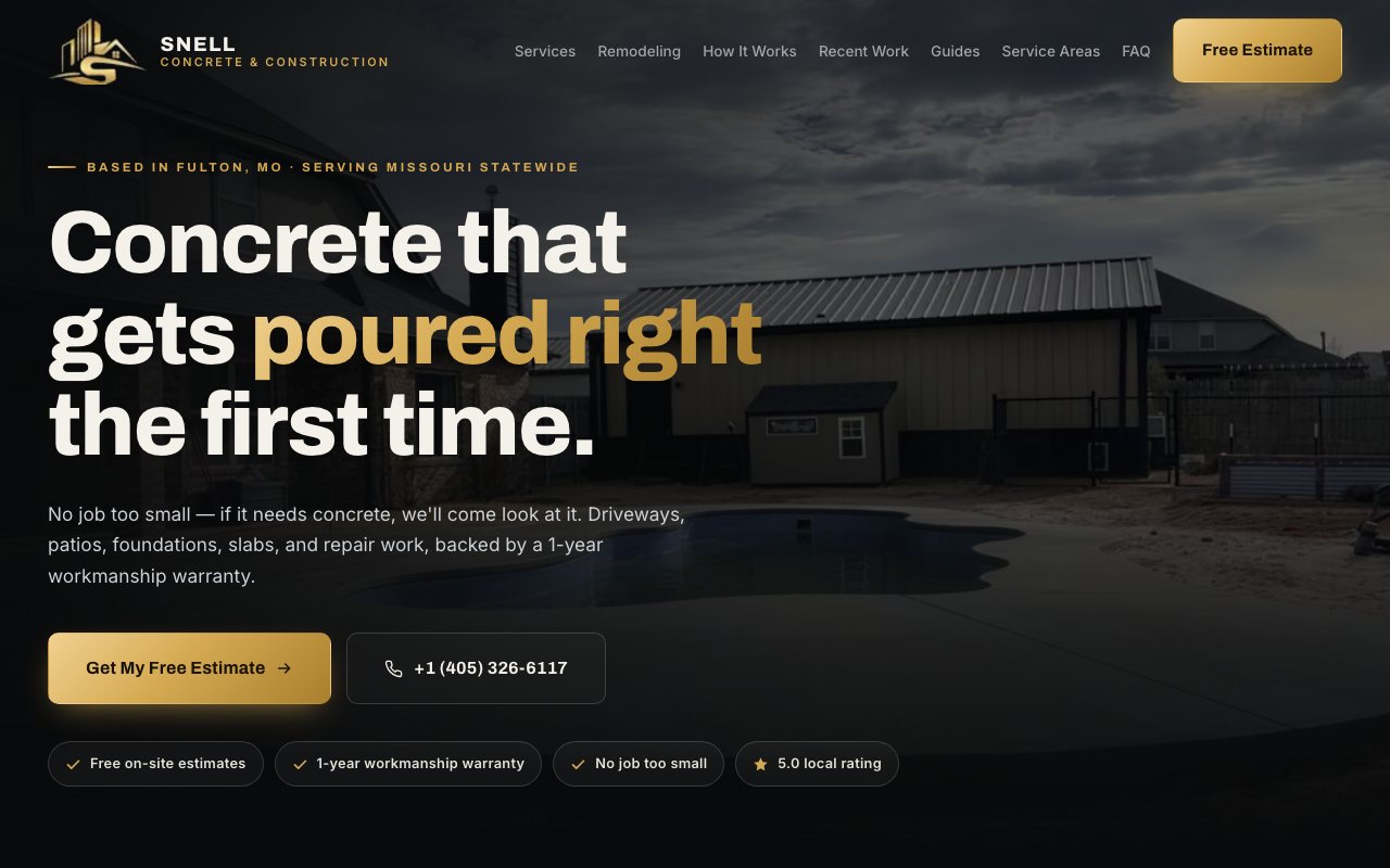 Homepage of the Snell Concrete & Construction website